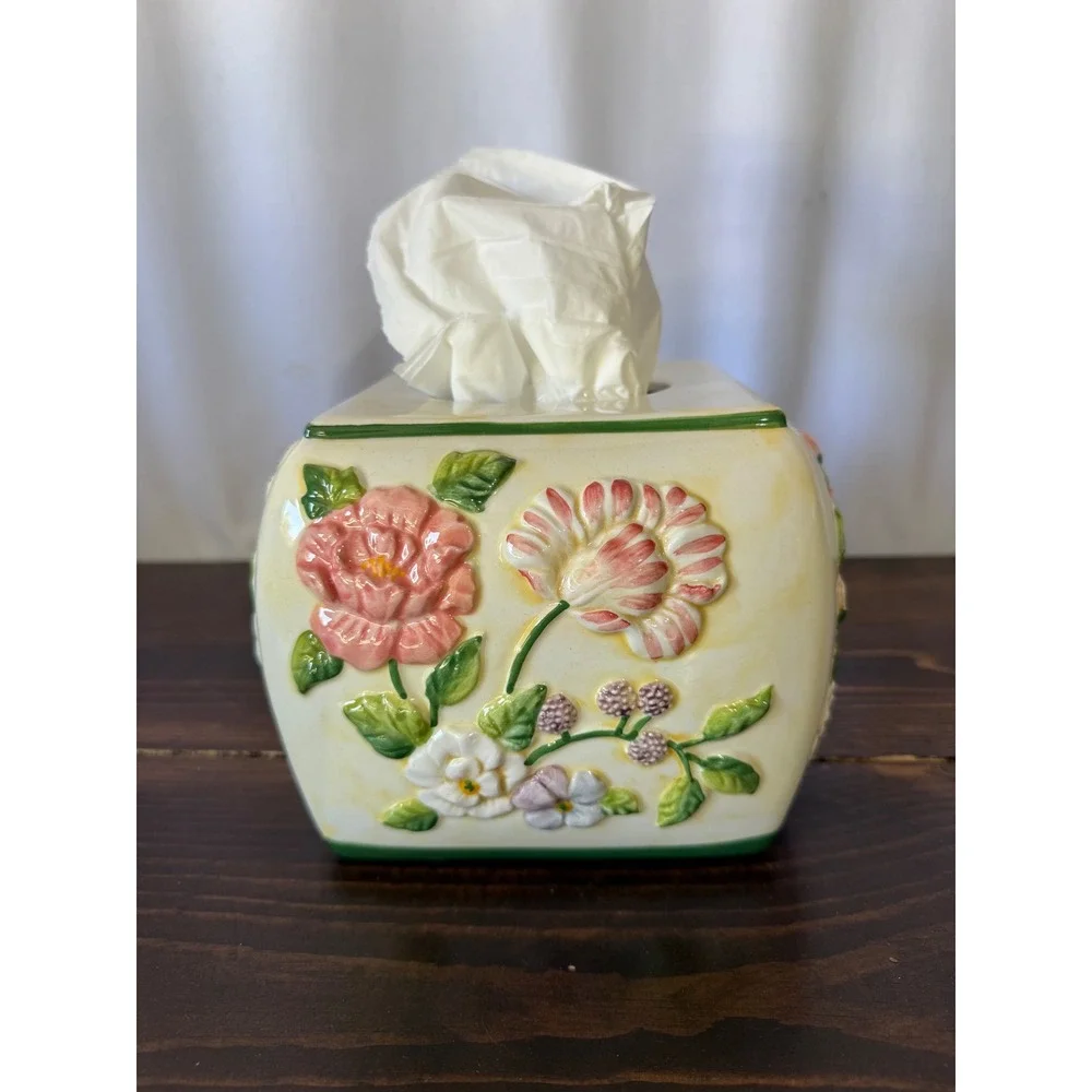 VTG Pamela Gladding Floral Ceramic Tissue Box Cover Butterfly